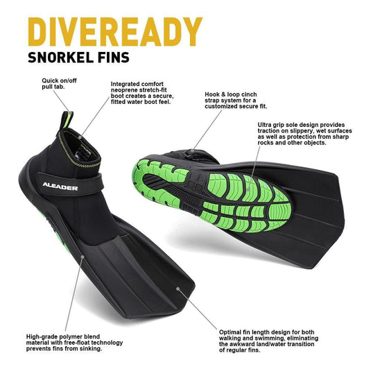 CN Aleader Hydro Snorkeling Fins Diving Shoes - Black/Green Fins