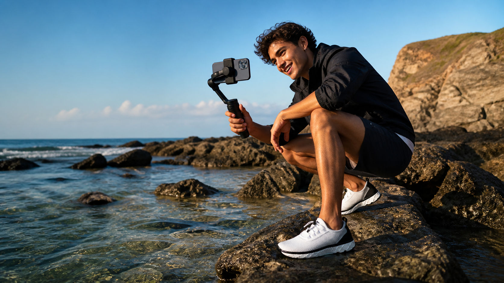 Creator wearing Men's Xdrain Crew water shoes while filming at the coast